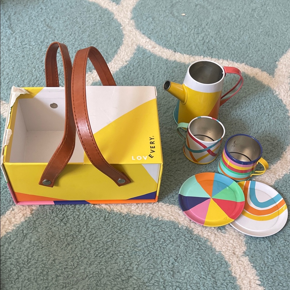 Lovevery Colorful Kids Tea Set with Yellow Carry Box